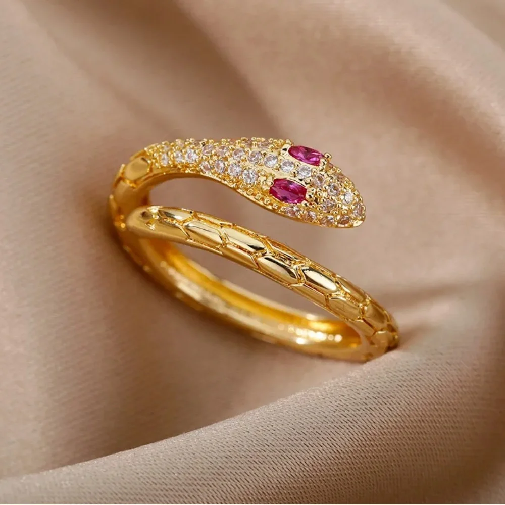 Gold Snake Serpenti Ring with Red and White Details
